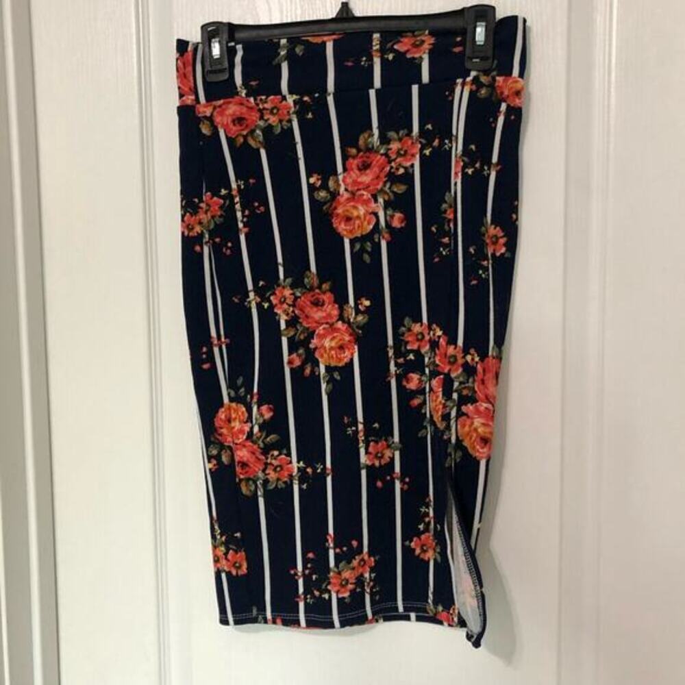 Rainbow Preowned Womens Floral Stripe Pencil Skirt Navy White Coral Size Medium